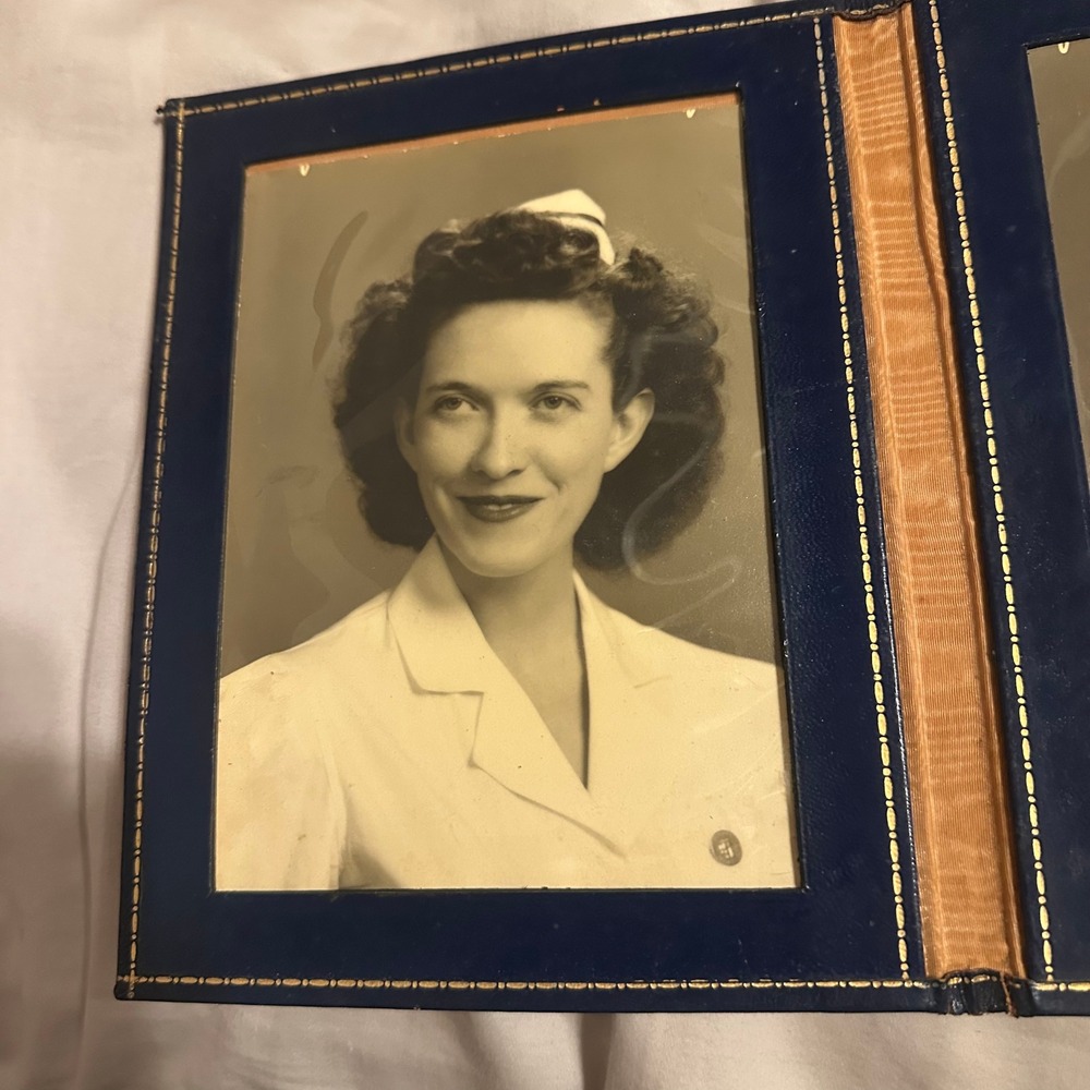 Vintage Nurse Portrait Photo in Navy Blue Folding Leatherette Frame 1940s 1950s